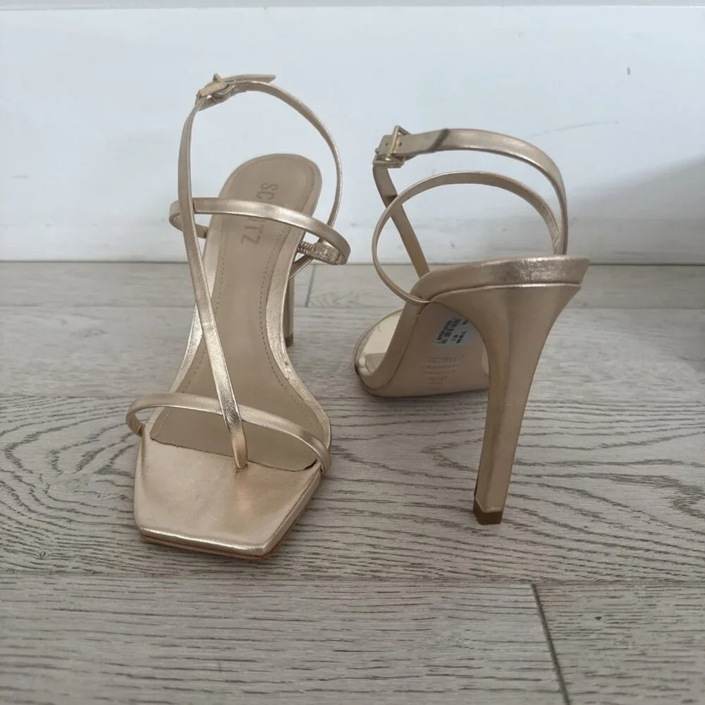 Schutz Gold Square Toe Strappy High Heel Shoe Inez - Picture 4 of 8